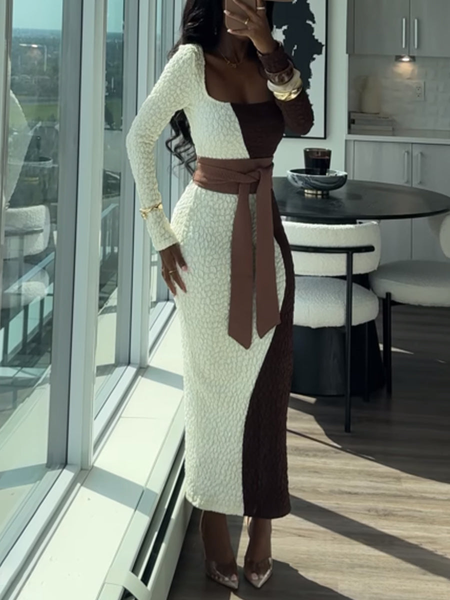 Square Collar Color Block Maxi Dress